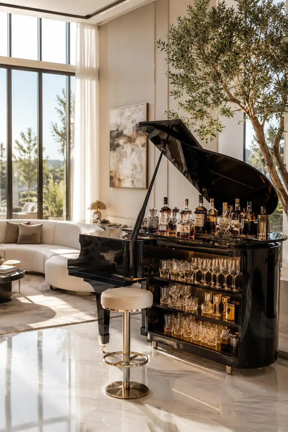 Glossy black grand piano transformed into a luxury home bar with premium bottles, glass shelves, marble flooring, large windows, and elegant modern living room decor.
