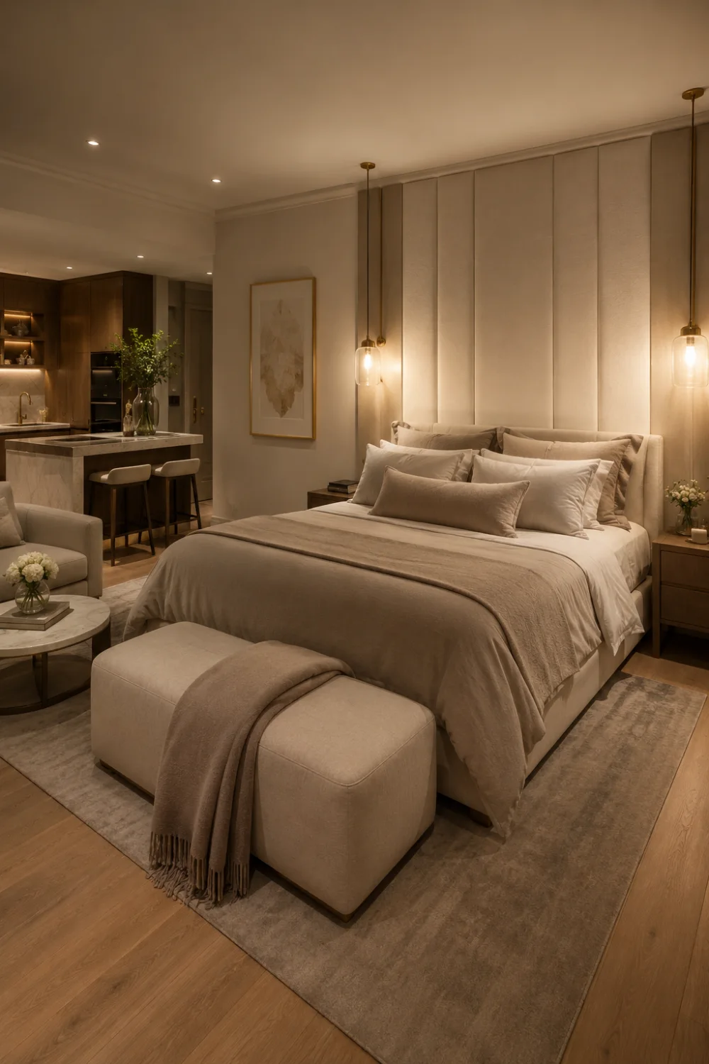 Luxury studio apartment bedroom with layered neutral bedding, upholstered bench, pendant lighting, warm decor, and boutique hotel inspired apartment aesthetic.