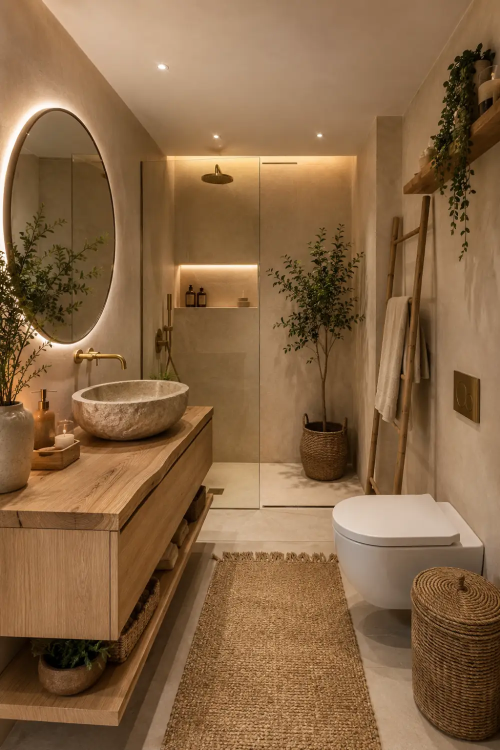 Small earthy bathroom with floating oak vanity, woven storage baskets, round illuminated mirror, frameless glass shower, soft beige walls, warm lighting, and cozy organic modern spa-inspired decor.
