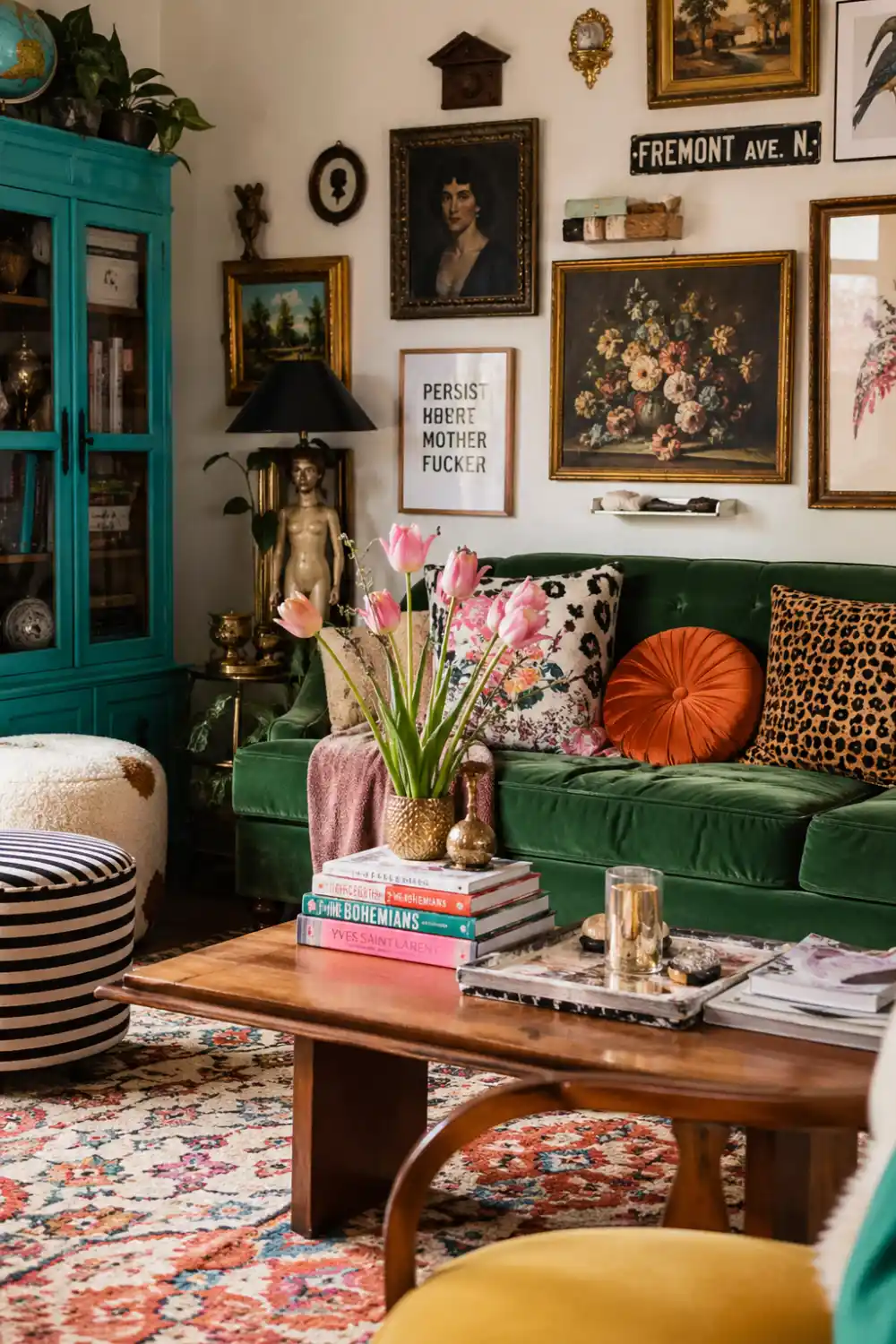 eclectic living room decor bold colors gallery wall vintage frames patterned sofa maximalist aesthetic home styling