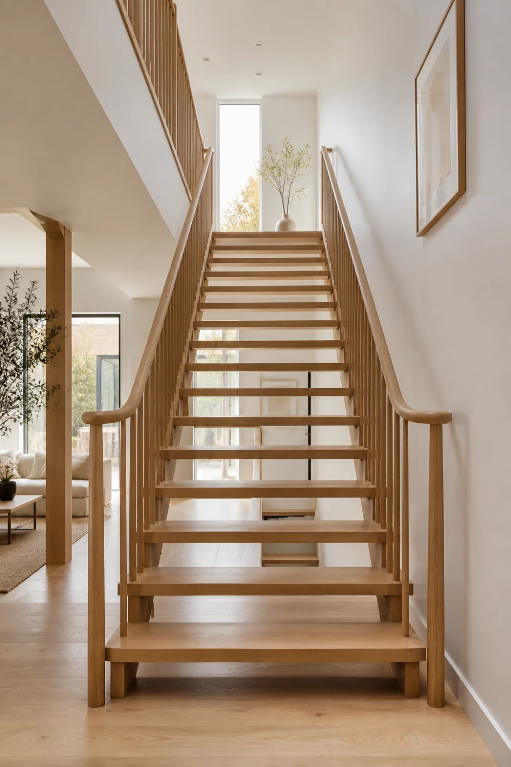 scandinavian wooden staircase with open risers, natural light, minimal interior design, warm neutral tones