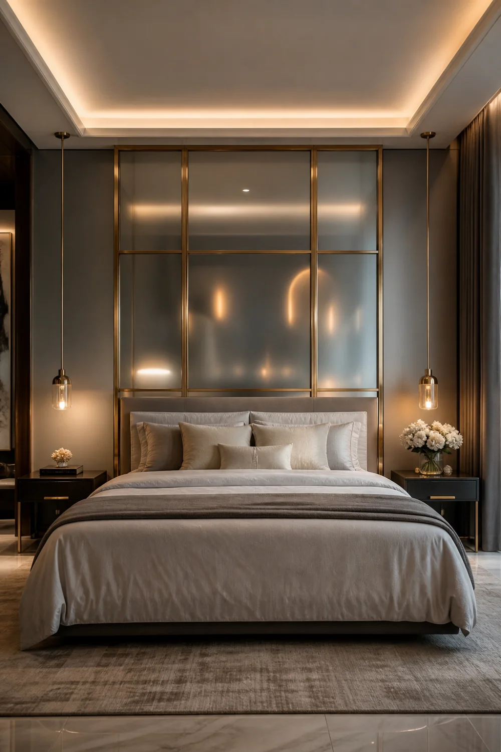glass metal frame headboard modern bedroom gold frame frosted glass panels soft lighting elegant bed setup contemporary luxury decor
