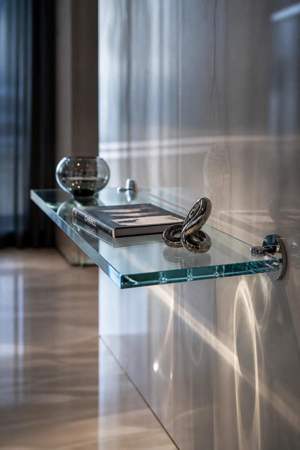 glass floating shelf modern wall decor transparent shelf chrome brackets luxury minimalist interior styling DIY floating shelf ideas