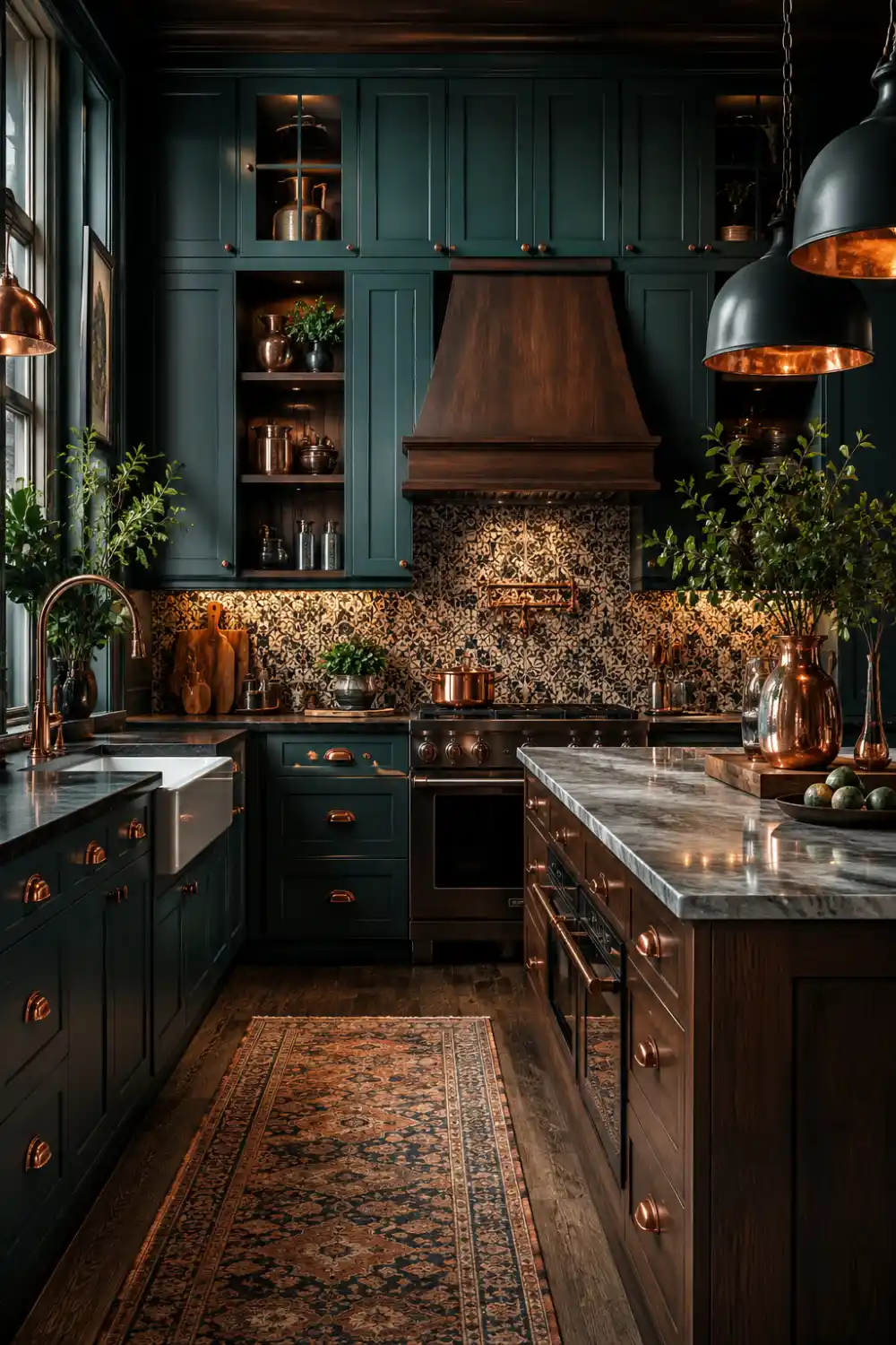 Dramatic teal kitchen cabinets with copper accents, patterned backsplash tiles, dark wood textures, and moody luxury kitchen styling
