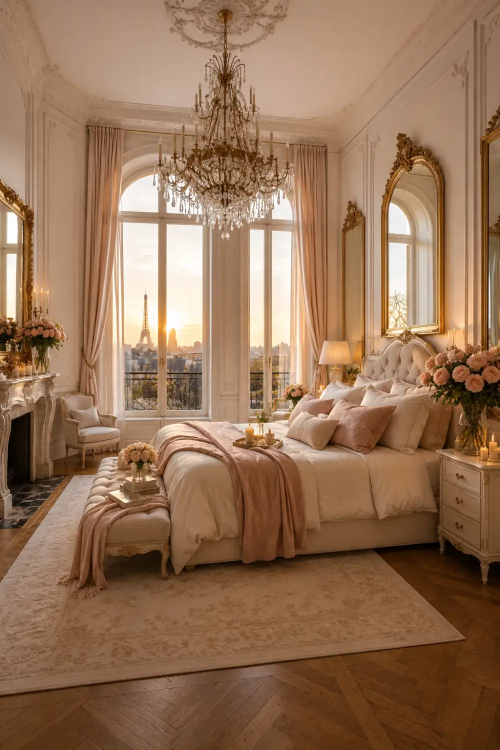 Parisian luxury romantic bedroom with ornate gold mirrors, crystal chandelier, tall arched windows, blush accents, fireplace decor, elegant wall molding, and timeless European-inspired styling.