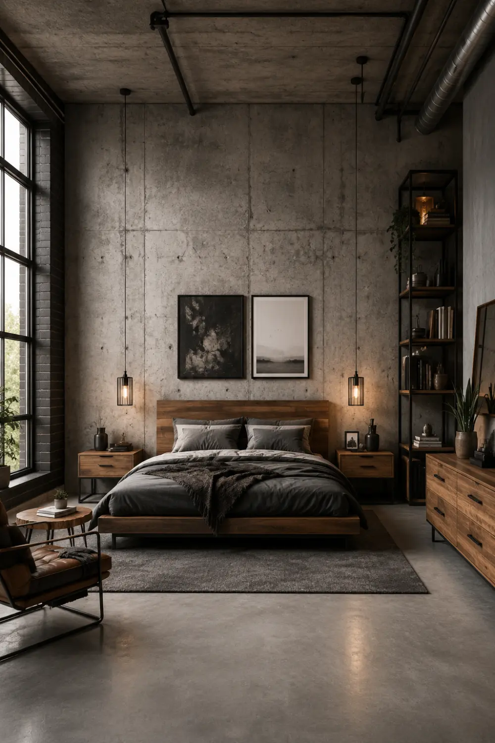 Industrial modern bedroom with concrete feature wall, exposed ceiling pipes, dark wood furniture, black metal accents, urban loft decor, moody lighting, minimalist styling, and contemporary industrial bedroom inspiration.