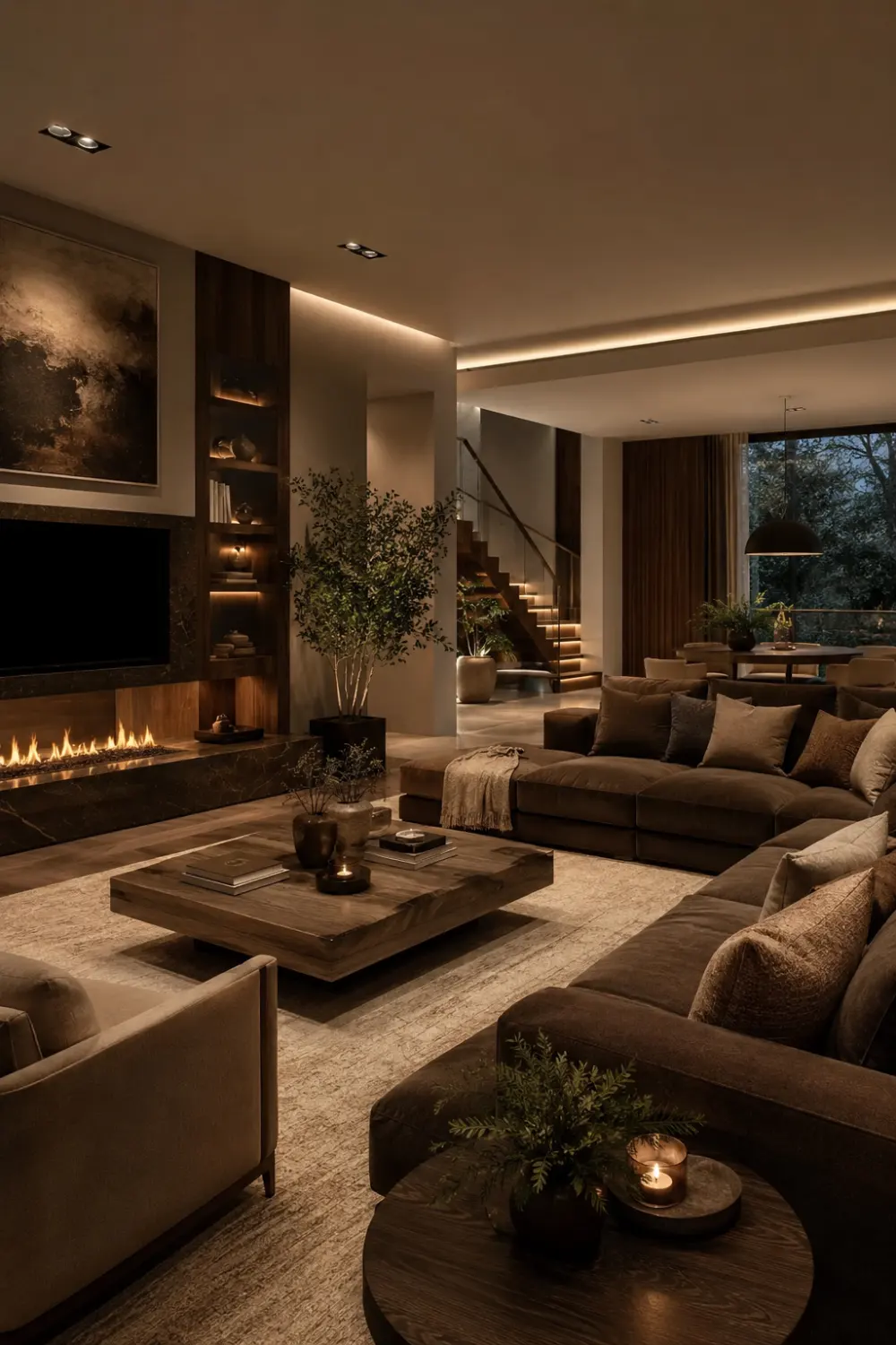 Dark elegant fireplace living room with rich brown sectional sofas, floating fireplace wall, warm ambient lighting, layered neutral rugs, walnut accents, and luxury modern cozy interior design.