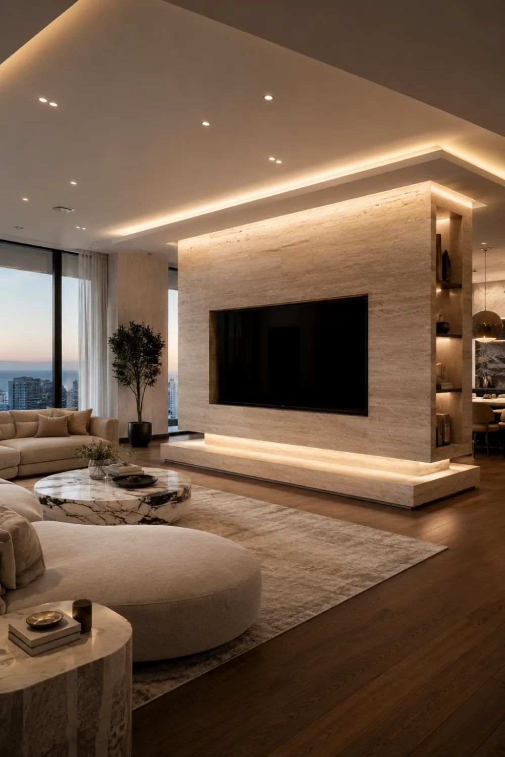 Floating travertine box TV wall with hidden LED lighting, oversized stone feature wall, curved neutral sofa, marble coffee table, and minimalist luxury living room interior.