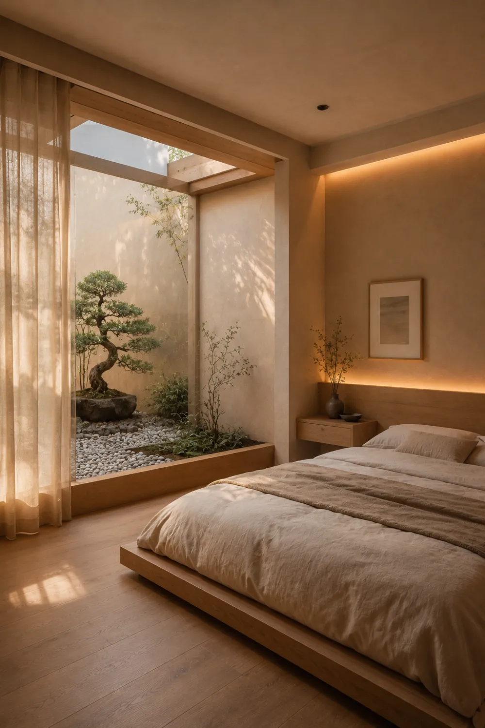 Indoor courtyard Japandi bedroom with bonsai tree garden view, low wooden platform bed, warm LED lighting, textured plaster walls, soft linen bedding, and cozy Zen-inspired decor.