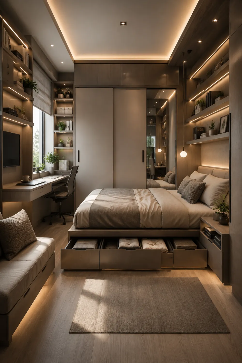 Compact all-in-one tiny bedroom with hidden storage drawers, built-in workspace, floating shelves, warm lighting, and multifunctional small apartment design inspiration.