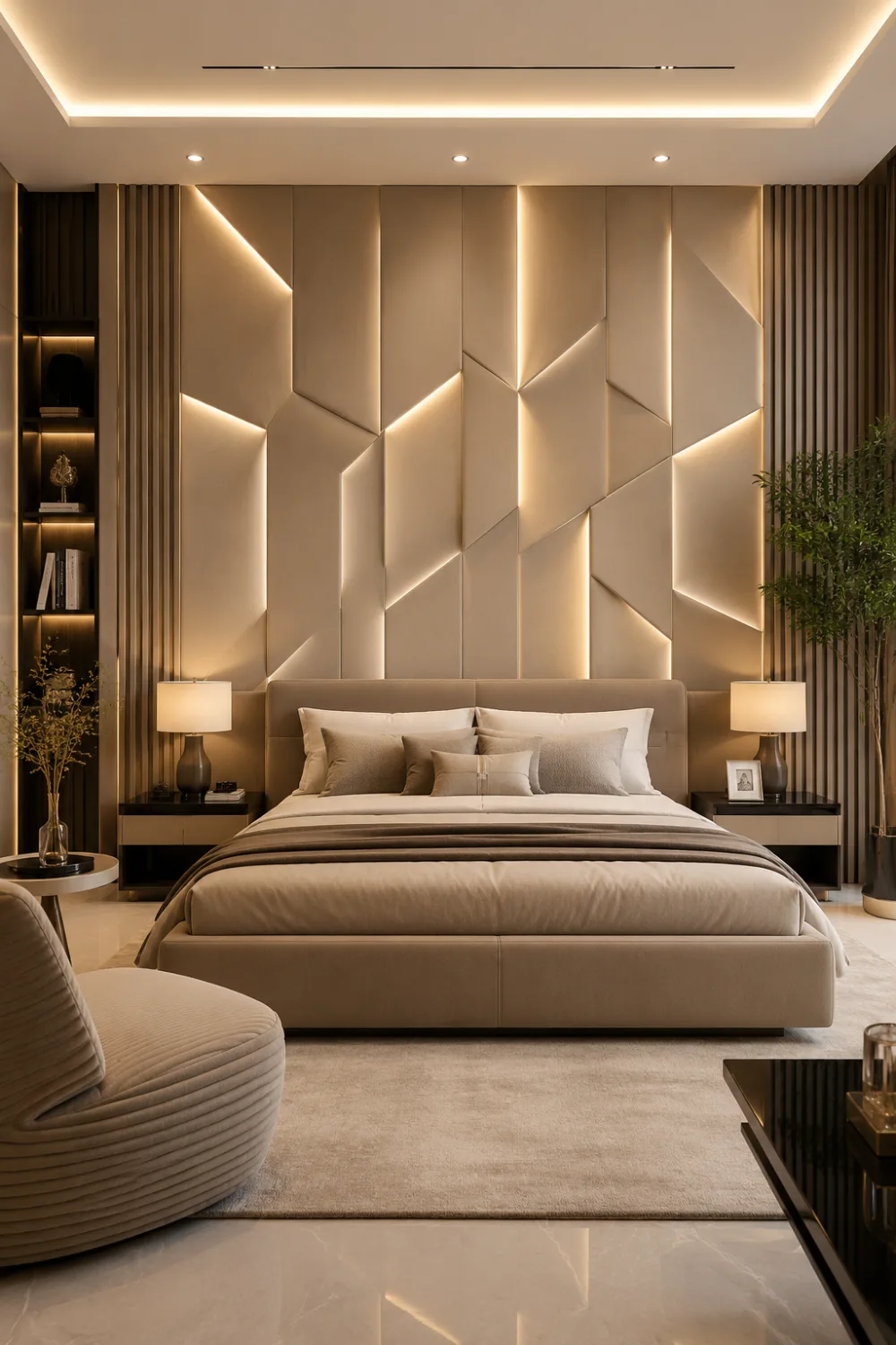 Modern luxury bedroom with geometric 3D wall panels, warm LED lighting, layered neutral bedding, elegant bedside decor, soft textures, and futuristic designer-inspired interior styling.