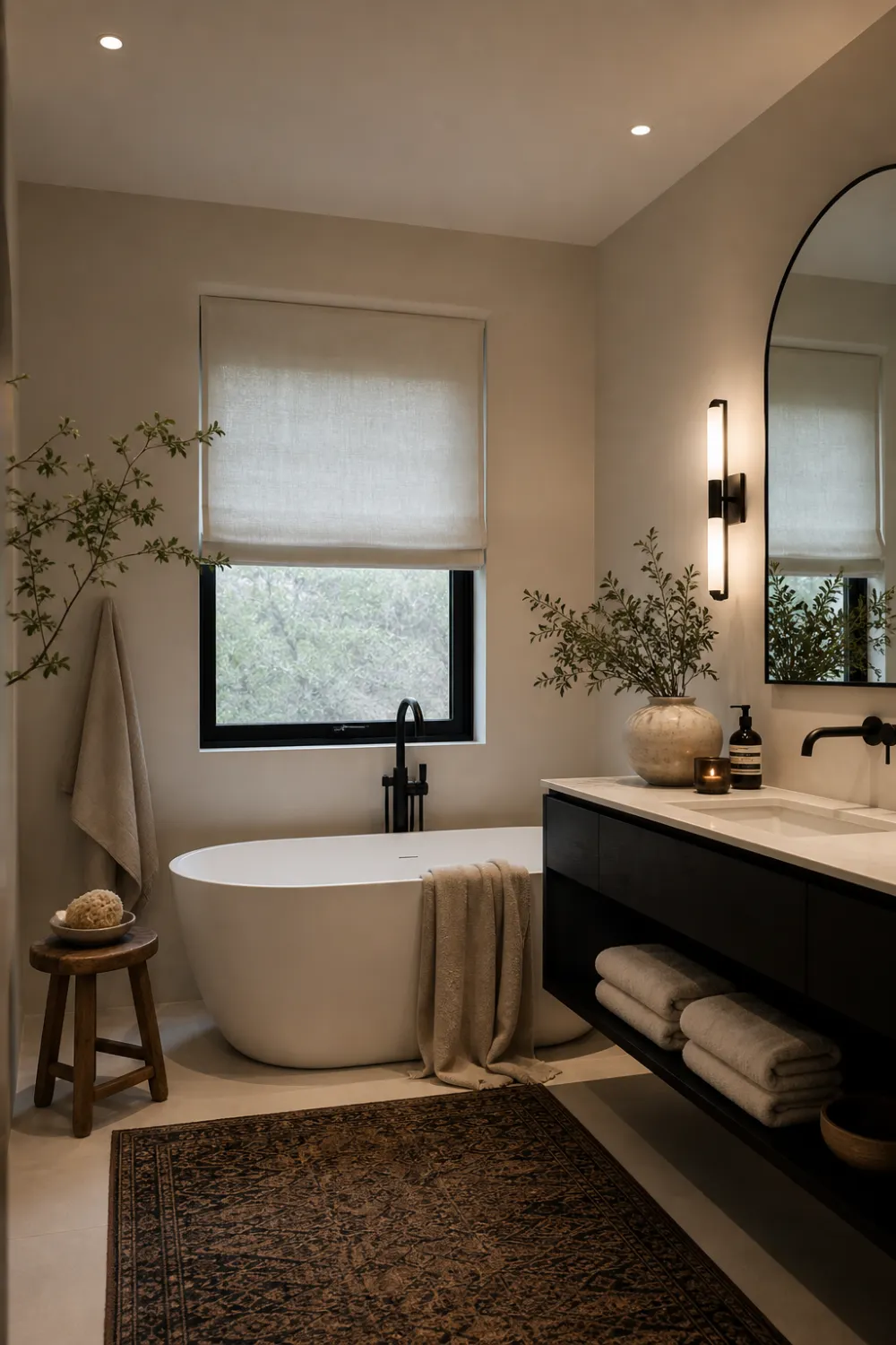 soft elegant black and white bathroom with warm lighting, freestanding bathtub, wooden stool, cozy decor, modern minimalist bathroom interior