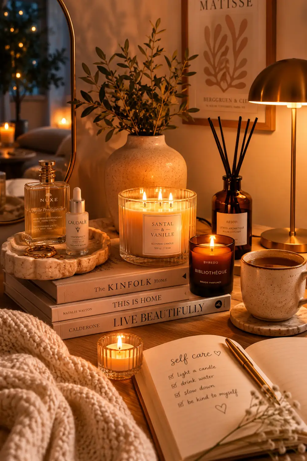 Luxury cozy self-care apartment corner with glowing candles, decorative books, diffuser bottles, warm ambient lighting, ceramic decor, coffee mug, knit blanket, and Pinterest-inspired cozy home styling creating a relaxing modern apartment atmosphere.