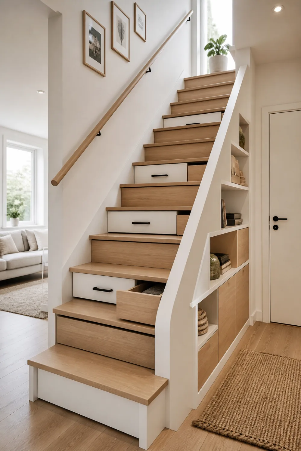 compact staircase with built in drawers and shelves, wood and white design, small space storage solution
