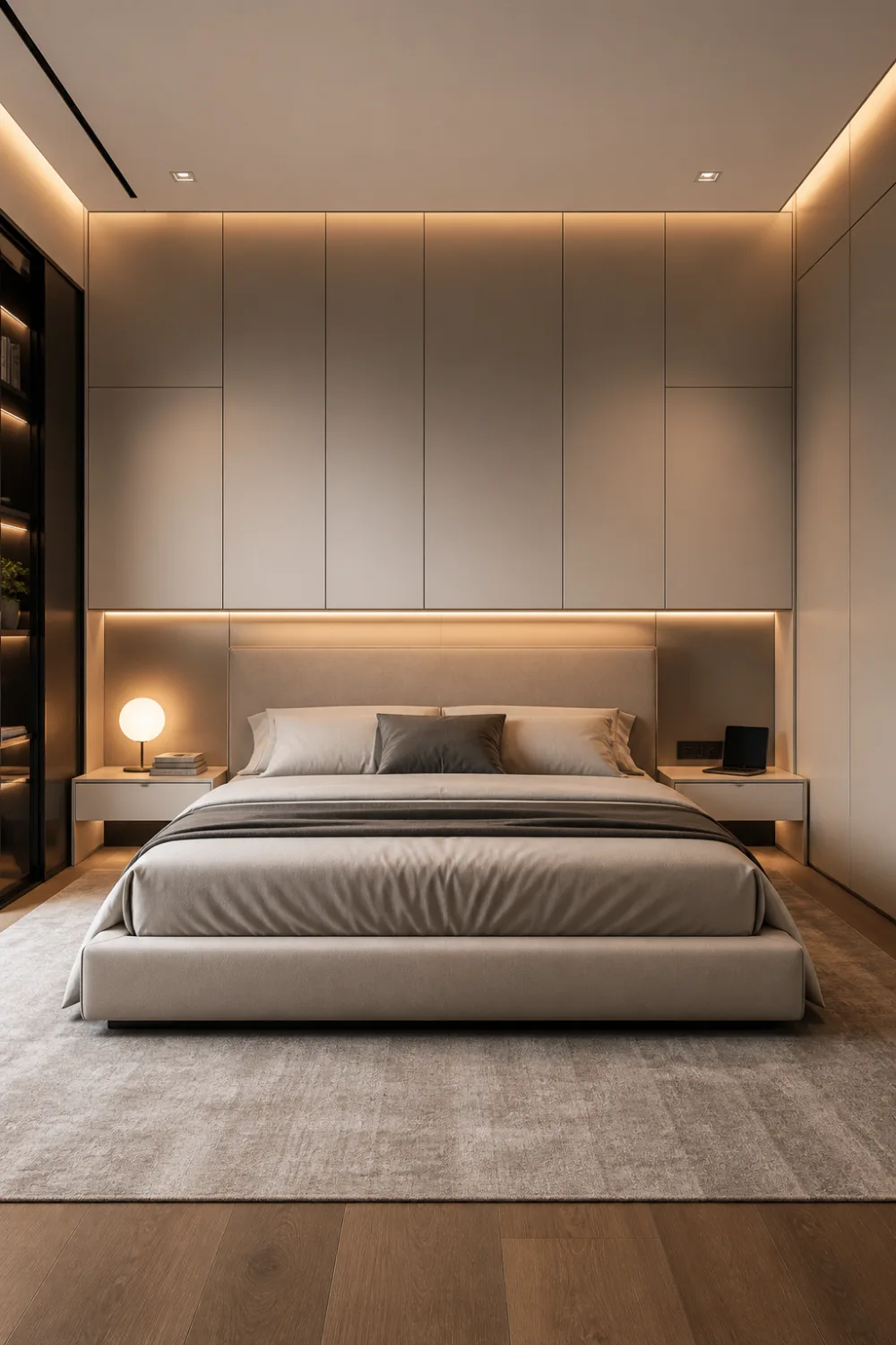 built in storage headboard modern bedroom hidden shelves soft lighting clean bed setup functional luxury bedroom decor minimal design