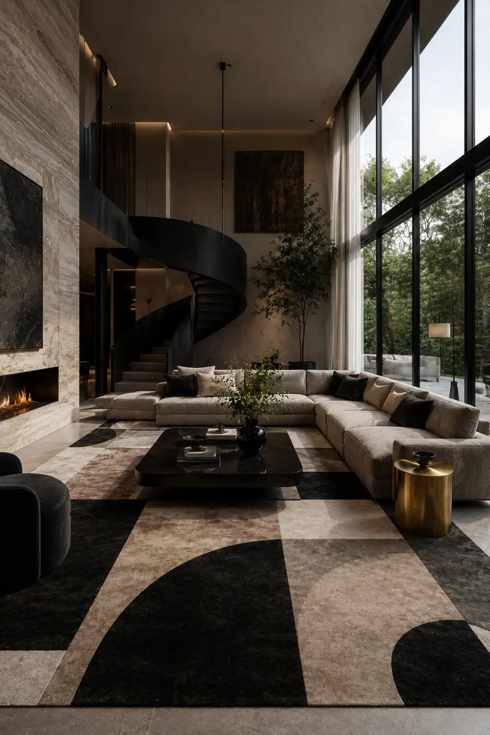 Modern architectural living room with oversized geometric rug, floor to ceiling windows, curved black staircase, minimalist sectional sofa, dramatic lighting, and luxury contemporary interior styling.