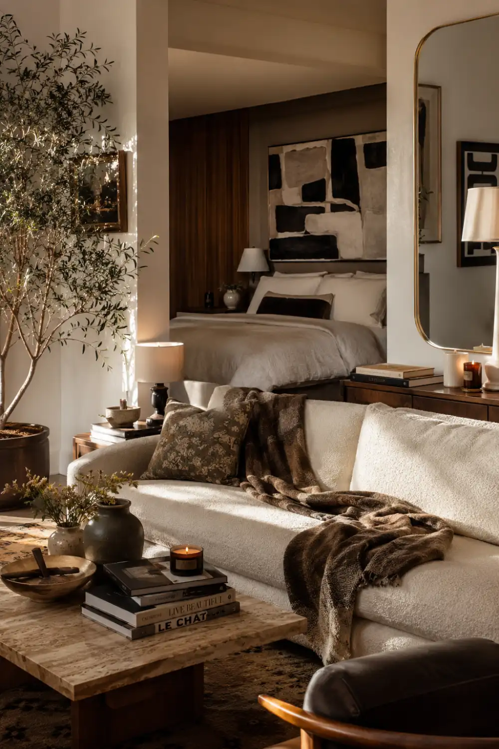 Cozy luxury studio apartment with layered decor, textured throw blankets, candles, earthy neutral tones, warm lighting, and modern lived-in apartment aesthetic.