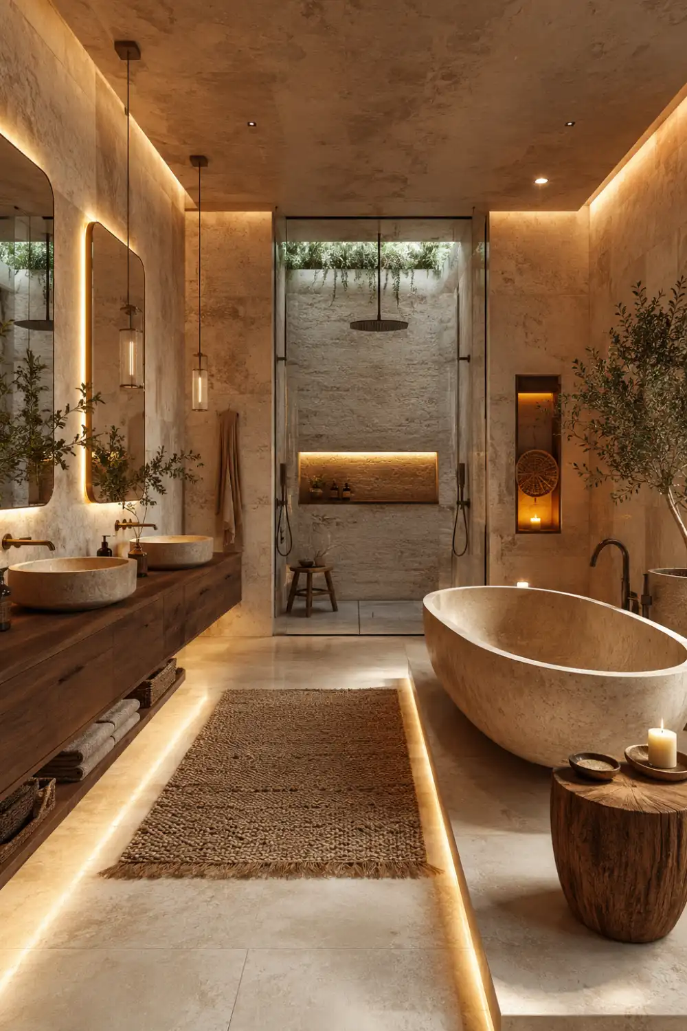 Warm luxury earthy bathroom with freestanding stone bathtub, floating wood vanity, rainfall shower, soft ambient lighting, natural stone textures, woven rug, and elegant organic modern spa-inspired interior design.
