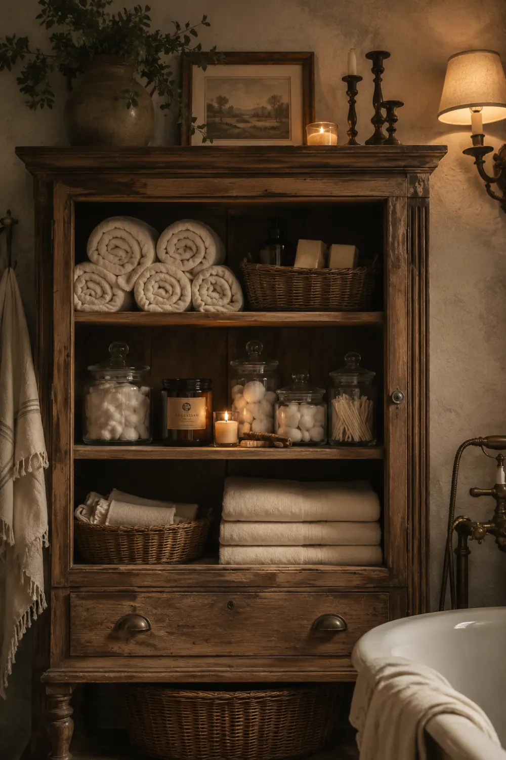 Antique wooden bathroom storage cabinet with rolled towels, woven baskets, candles, glass jars, rustic decor, warm lighting, and cozy farmhouse styling.