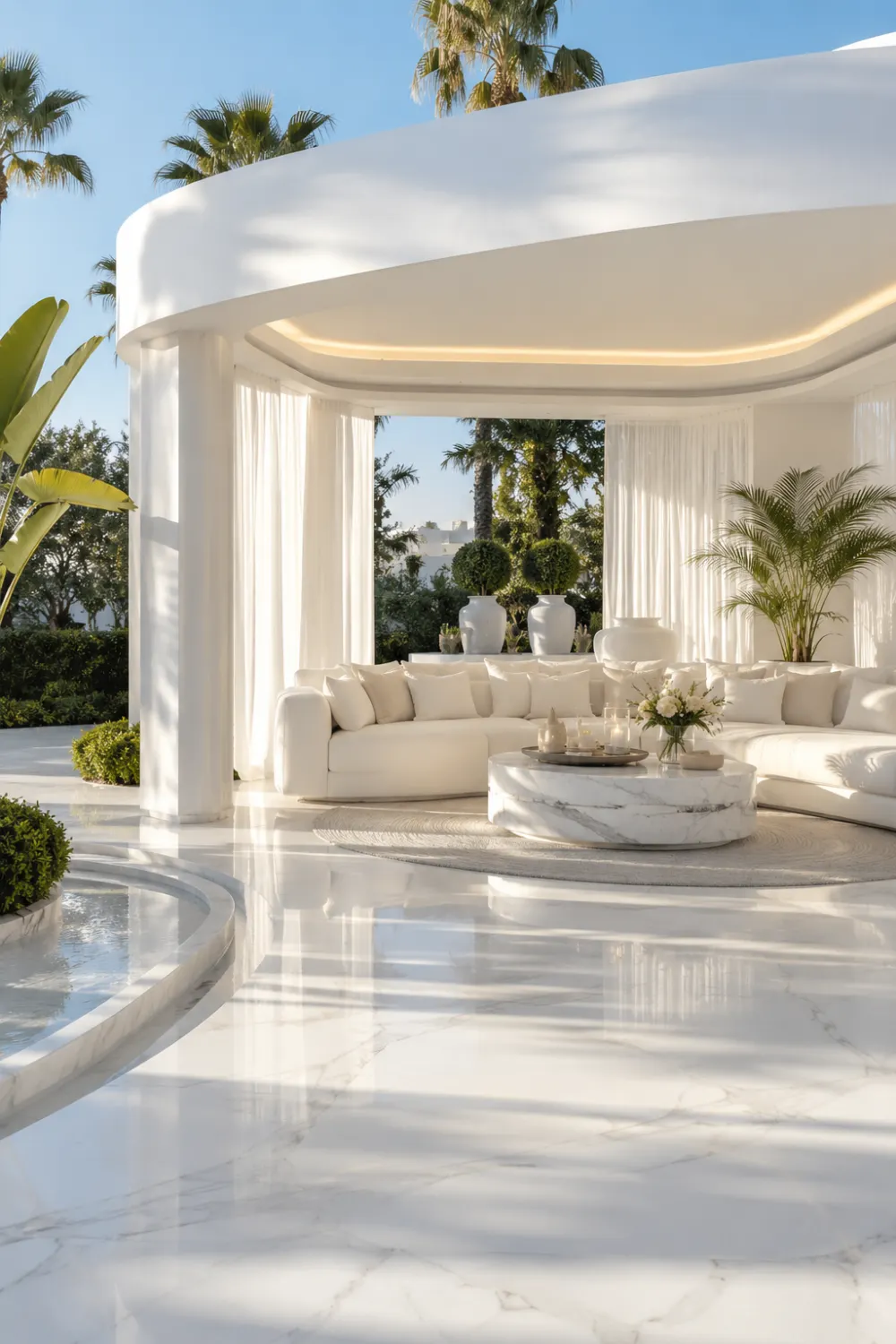 Elegant all-white luxury gazebo with curved architecture, marble flooring, flowing curtains, plush white seating, tropical greenery, and sophisticated resort-style outdoor design.