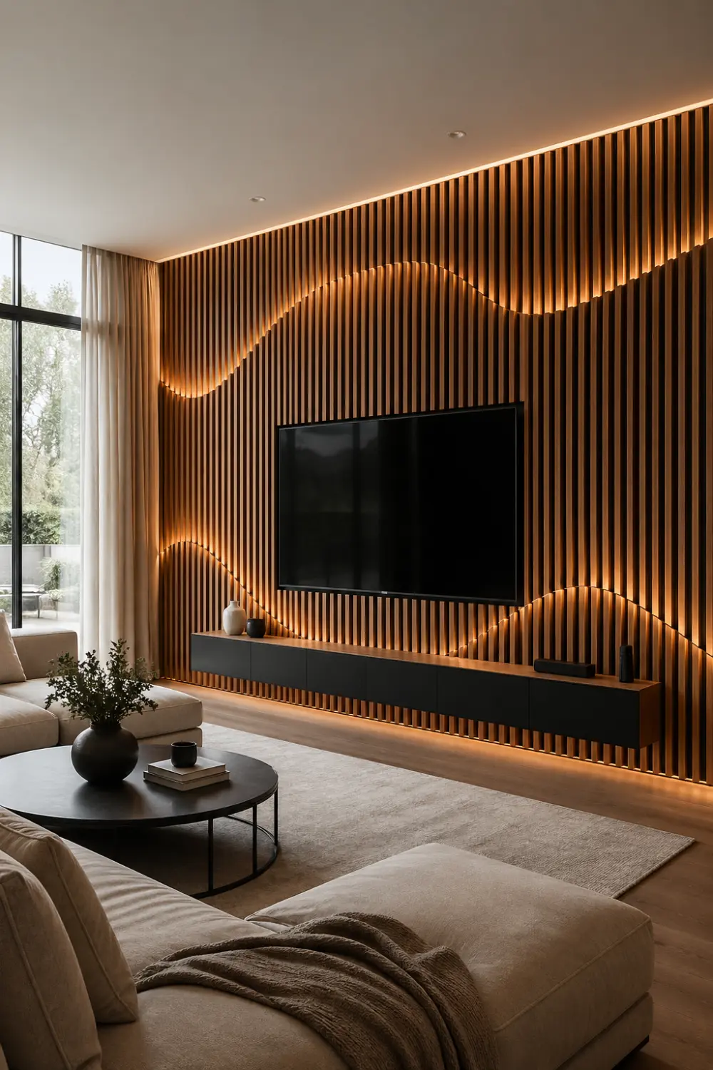 wooden acoustic slat 3D TV wall with wave design and LED lighting, modern living room interior with warm tones and minimal furniture
