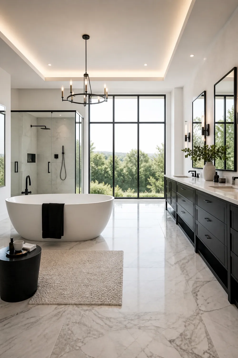 open layout black and white bathroom with large windows, freestanding bathtub, double vanity, natural light, luxury modern bathroom interior design