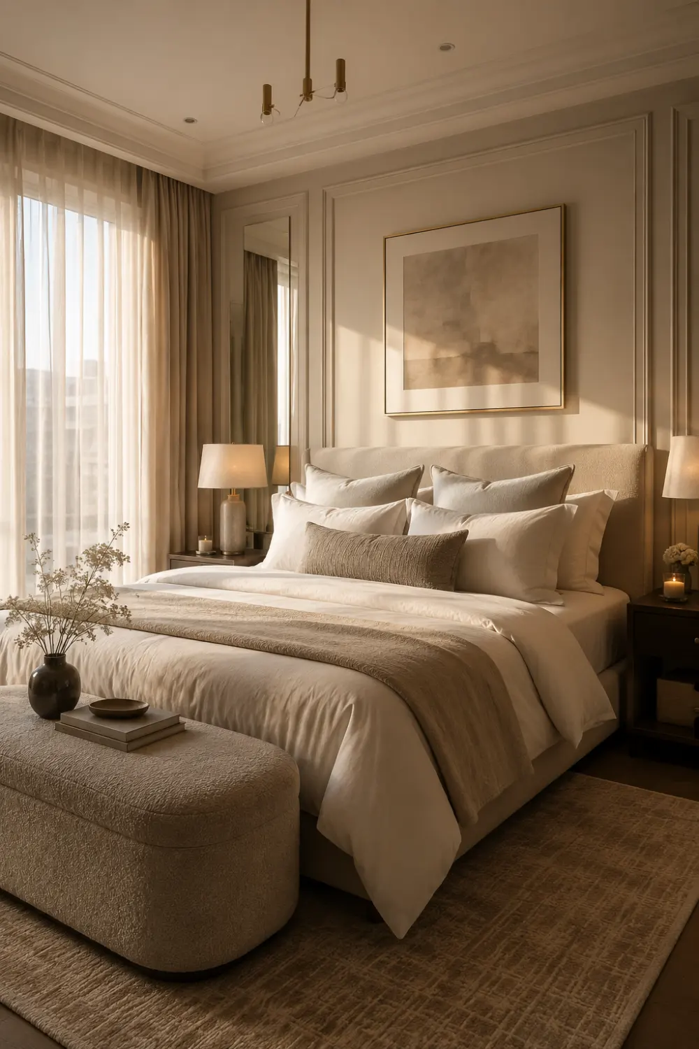 Luxury neutral apartment bedroom with layered hotel-style bedding, oversized pillows, warm lighting, textured fabrics, elegant wall paneling, soft curtains, and modern Pinterest-inspired bedroom decor creating a cozy and relaxing atmosphere.