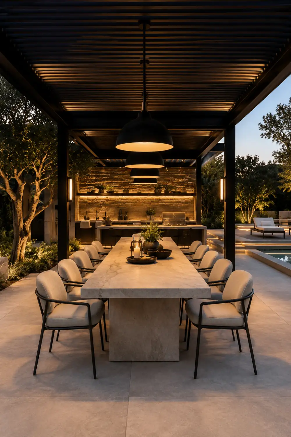 Modern outdoor dining gazebo with black framing, oversized pendant lighting, long stone dining table, luxury outdoor kitchen, and elegant contemporary backyard entertaining area.