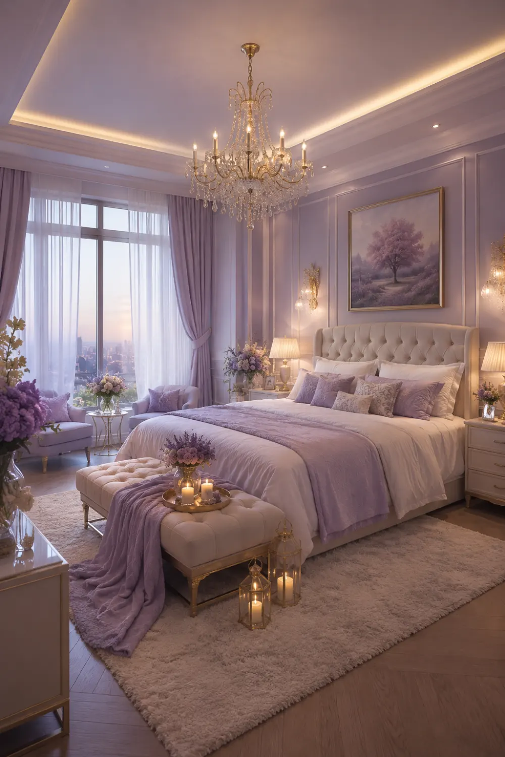 Soft lavender romantic bedroom with crystal chandelier, pastel purple bedding, tufted upholstered bed, floral decor, candlelight accents, plush rug, and elegant feminine luxury styling.