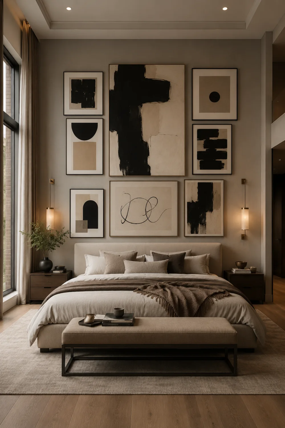 Modern bedroom with oversized abstract gallery wall, neutral artwork, minimalist decor, warm lighting, layered bedding, elegant contemporary styling, framed art collection, and luxury designer bedroom inspiration.