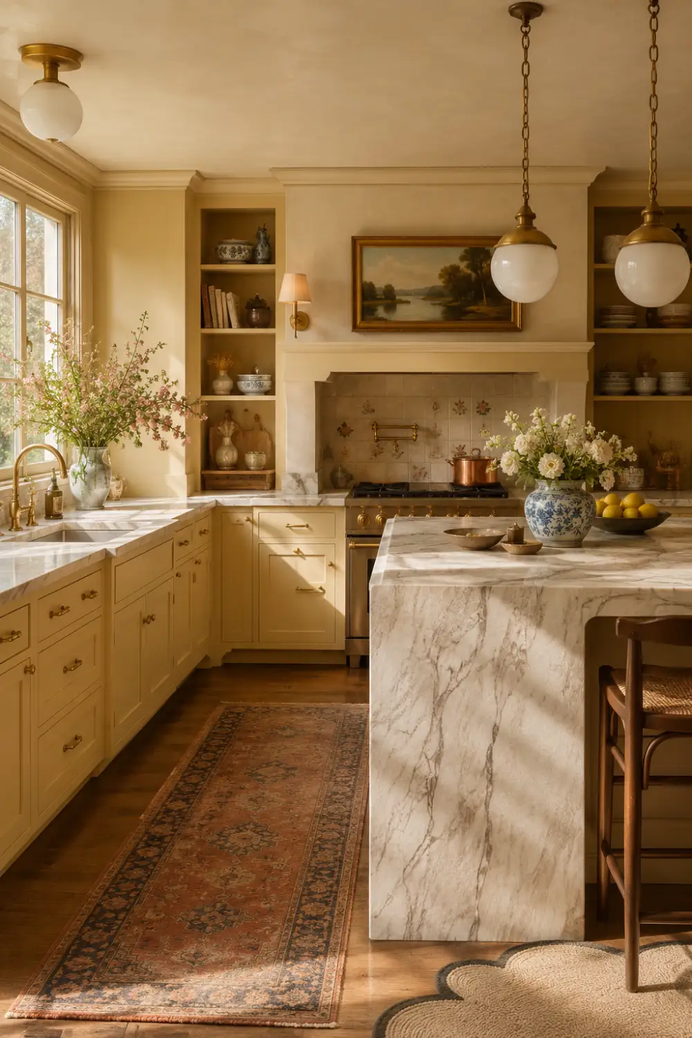 Warm classic kitchen with cream cabinets, marble island, brass hardware, vintage lighting, floral decor, cozy neutral palette, and elegant autumn home kitchen inspiration.