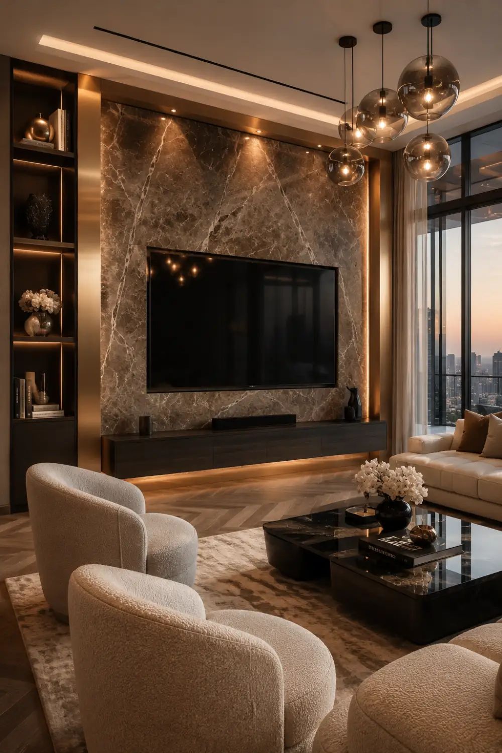 Marble and bronze accent TV wall with luxury pendant lighting, floating dark wood console, illuminated shelving, and elegant modern living room interior styling.
