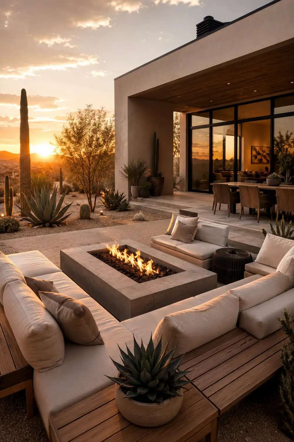 Desert modern fire pit retreat with minimalist landscaping, cacti, neutral outdoor seating, sleek concrete fire table, warm sunset lighting, and luxury desert-style backyard design.
