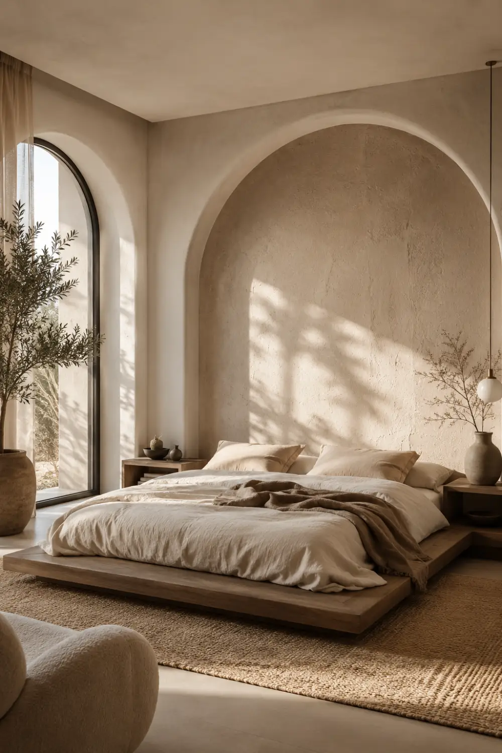 Minimalist luxury bedroom with textured arch wall design, warm beige plaster finish, low platform bed, linen bedding, earthy decor, soft sunlight, and calm organic modern interior styling.