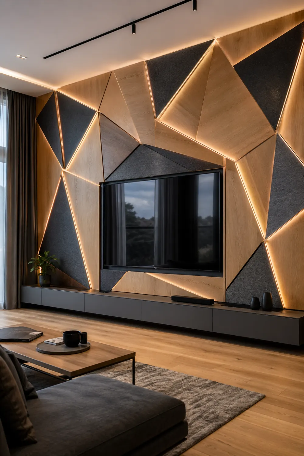 geometric triangular 3D TV wall with wood and acoustic panels, LED lighting accents, modern living room interior with bold textured feature wall