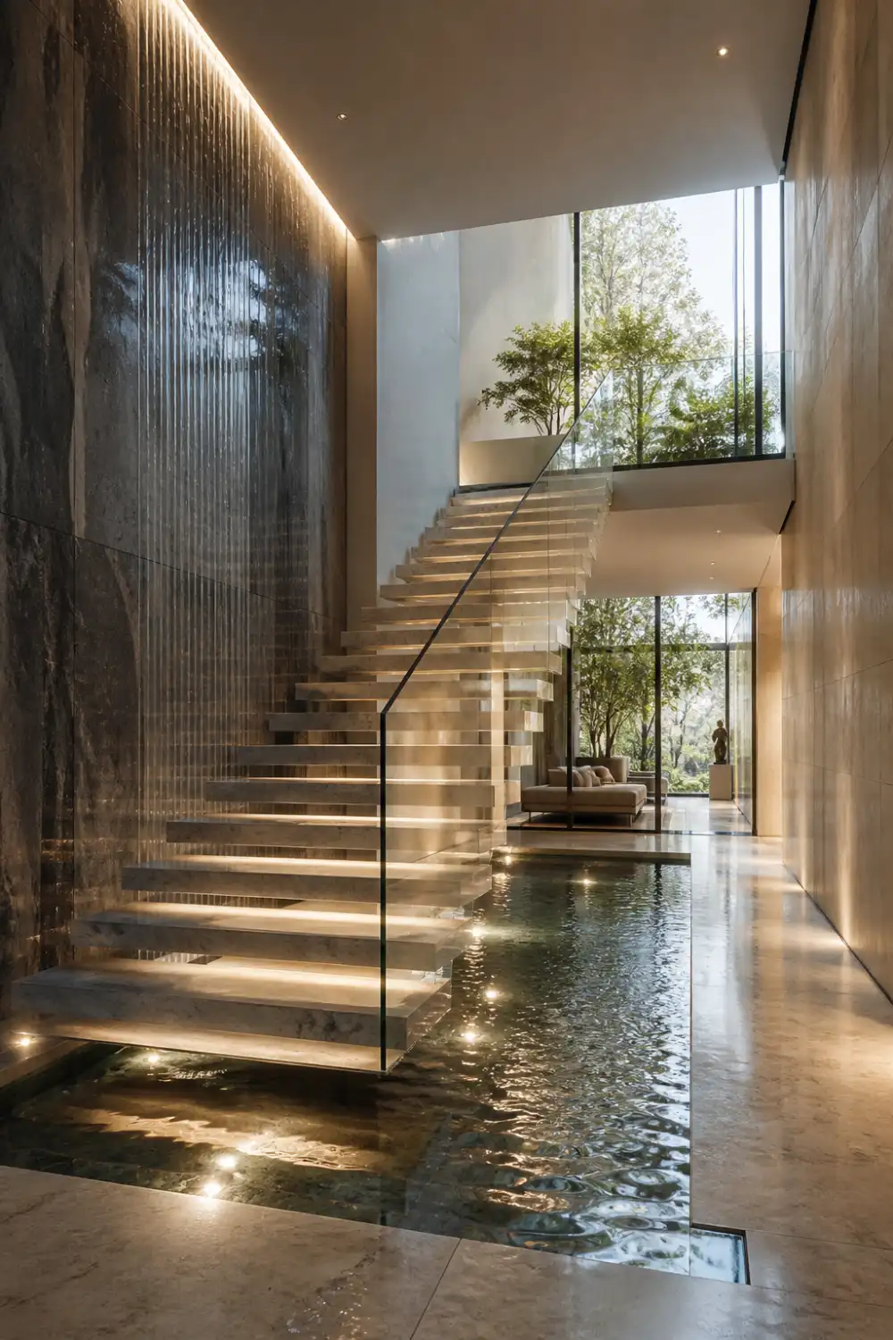 floating staircase above indoor water feature, glass railing, natural light, luxury spa style modern interior