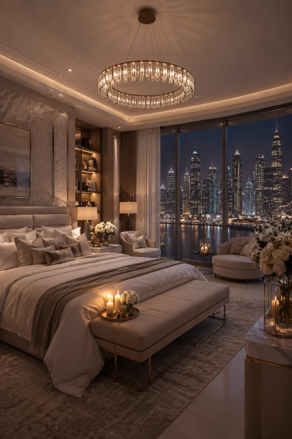 Skyline view luxury romantic bedroom with floor-to-ceiling city windows, elegant chandelier, layered neutral bedding, marble accents, candlelit decor, plush seating, and upscale hotel-inspired styling.