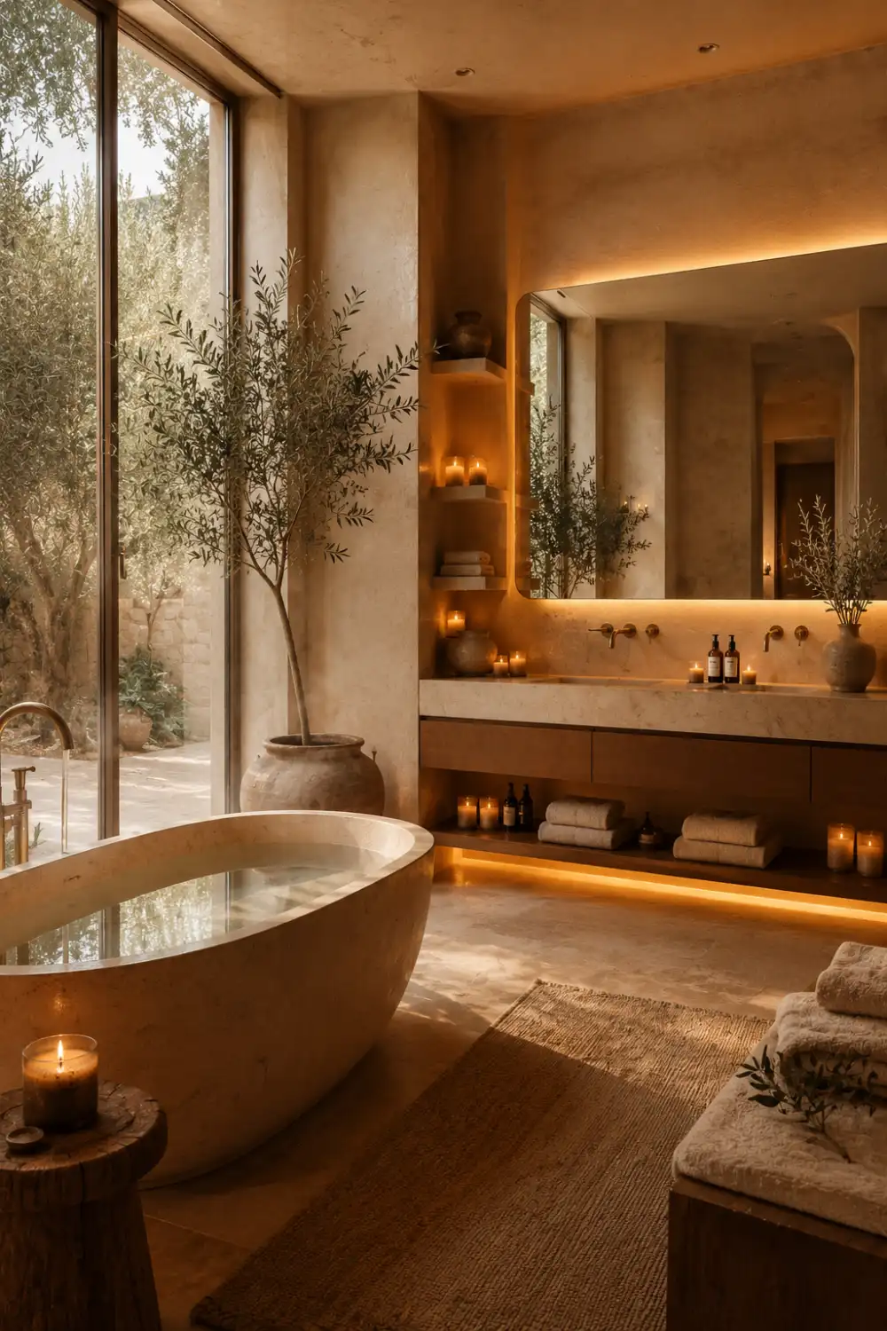 Spa inspired luxury bathroom with natural stone bathtub, warm candle lighting, earthy neutral tones, oversized mirror, olive tree decor, and relaxing wellness-inspired autumn interior styling.