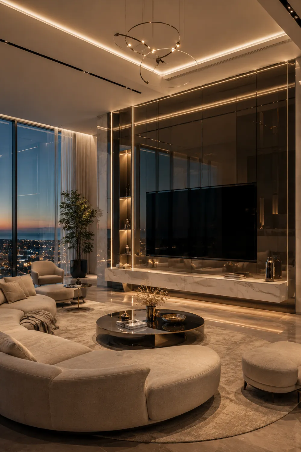 Ultra luxury glass panel TV wall with smoked reflective panels, floating marble console, panoramic city views, curved neutral sofa, and modern penthouse living room design.