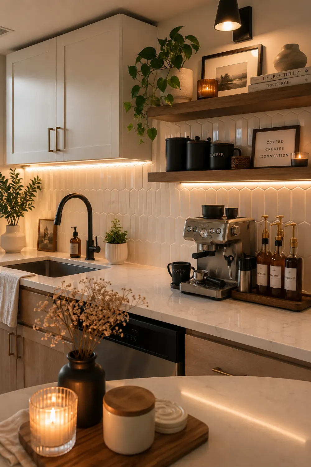 Modern cozy apartment kitchen coffee station with floating shelves, warm under-cabinet lighting, espresso machine, marble countertops, plants, candles, neutral decor, and stylish Pinterest-inspired renter-friendly kitchen styling.