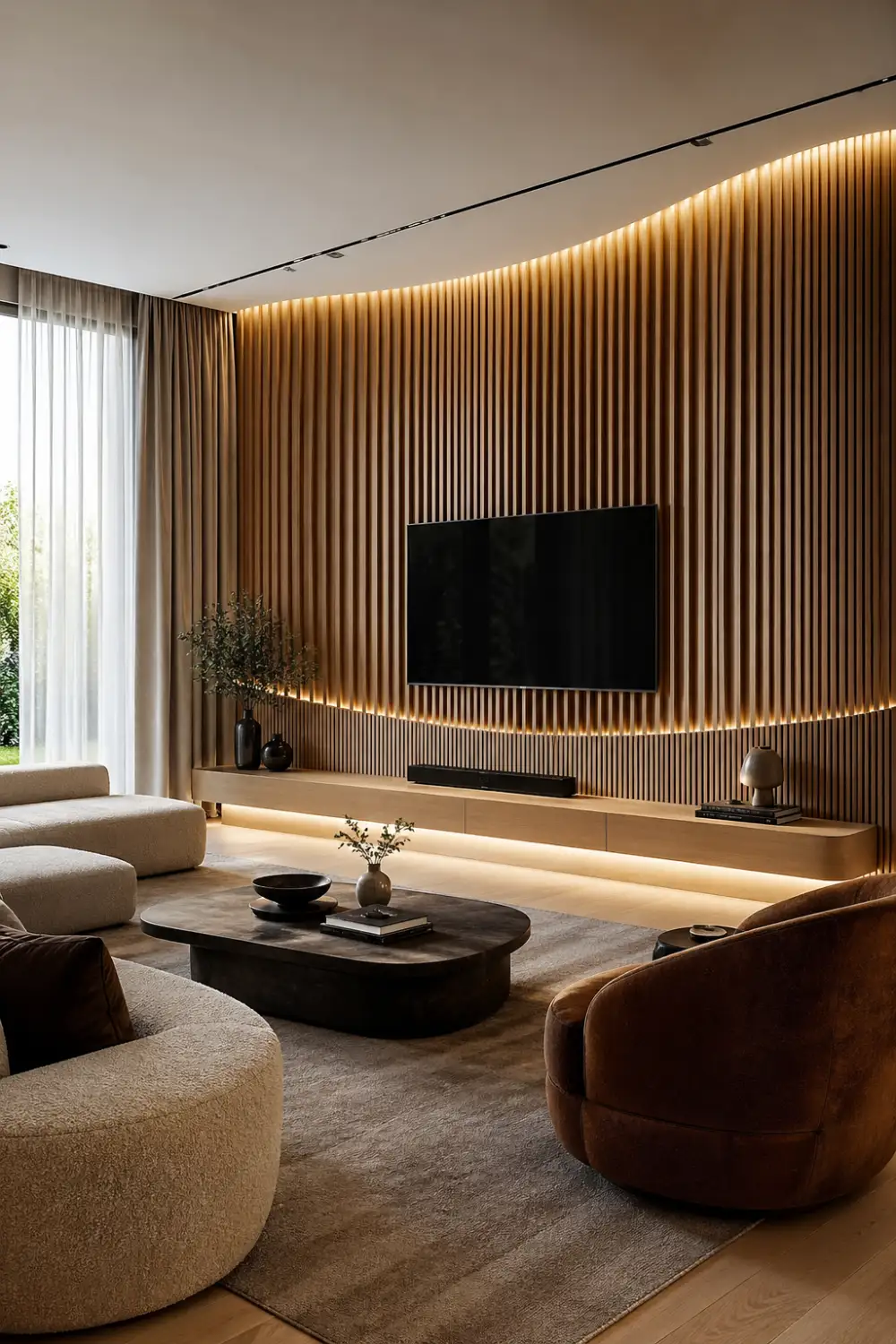 curved wooden acoustic slat 3D TV wall with continuous LED lighting, modern living room interior with warm tones and minimal design