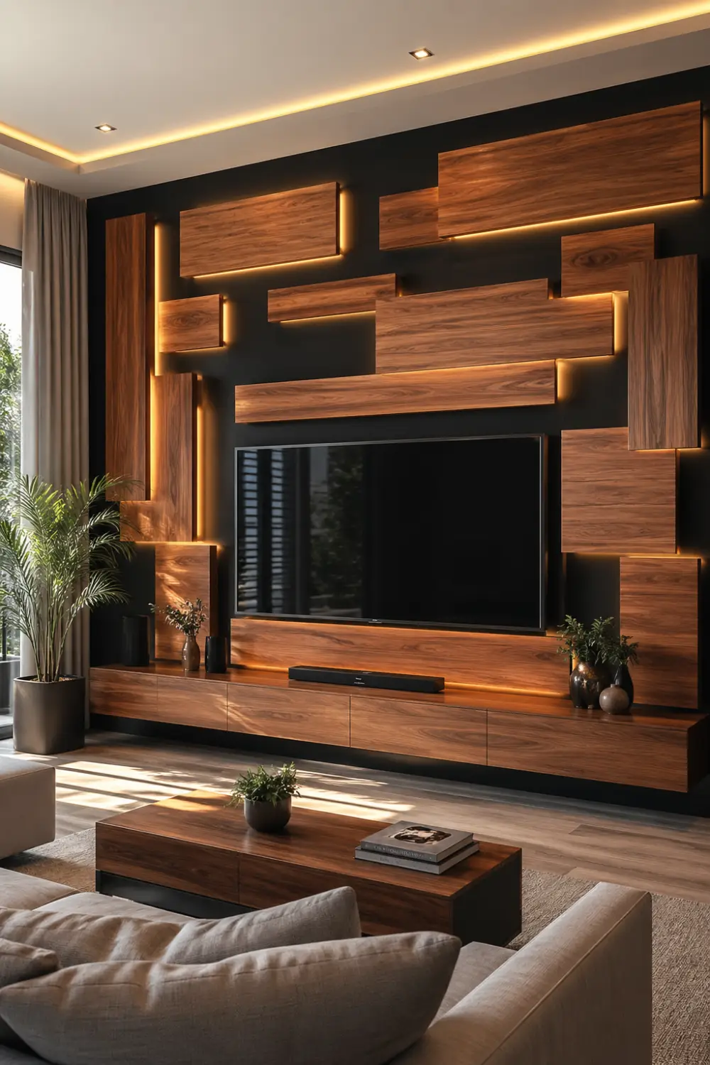 floating wooden block 3D TV wall with warm LED backlighting, dark background contrast, modern living room interior with layered panel design