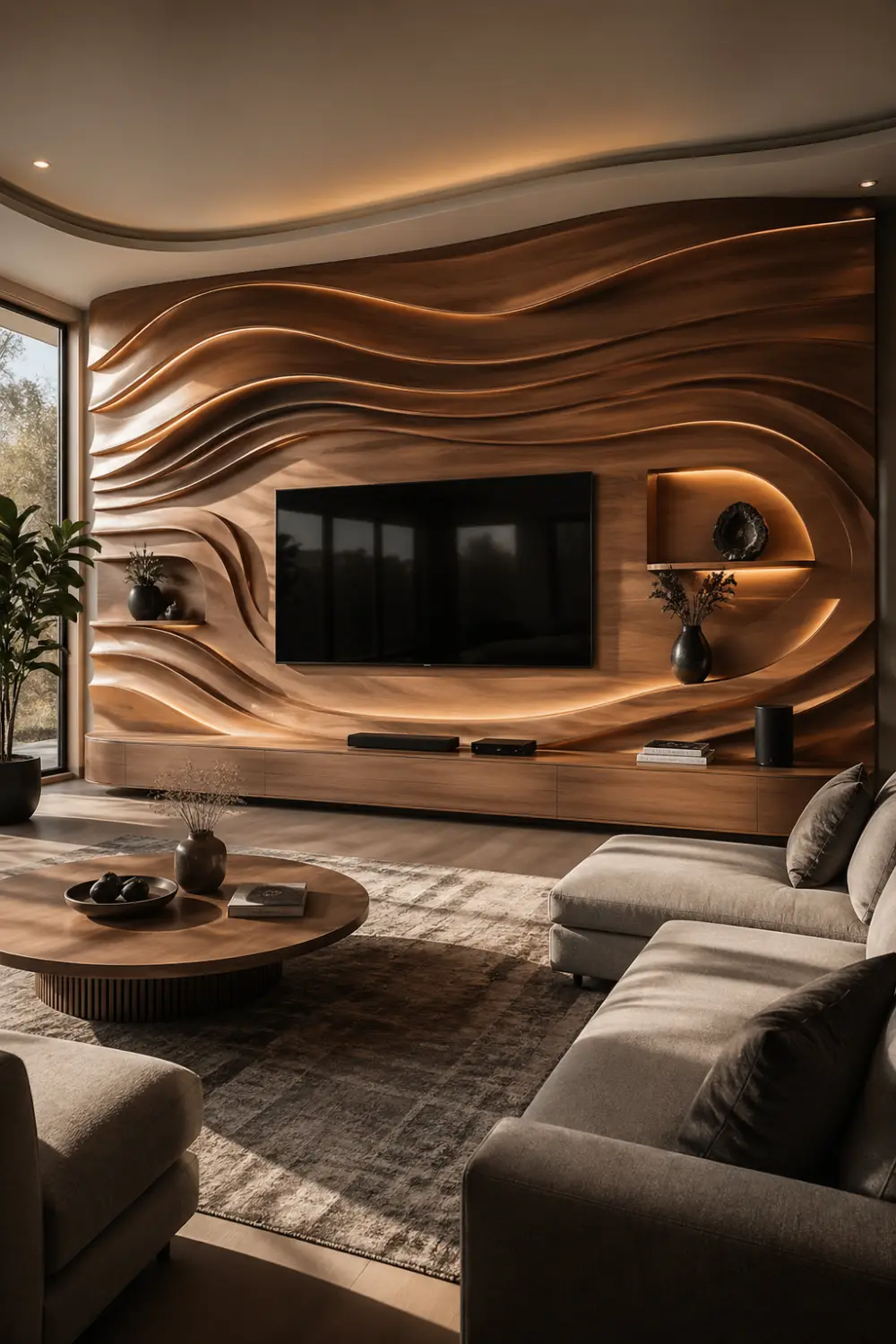 parametric wooden wave 3D TV wall with curved layered panels, integrated warm LED lighting, modern luxury living room with natural wood textures and wall mounted TV