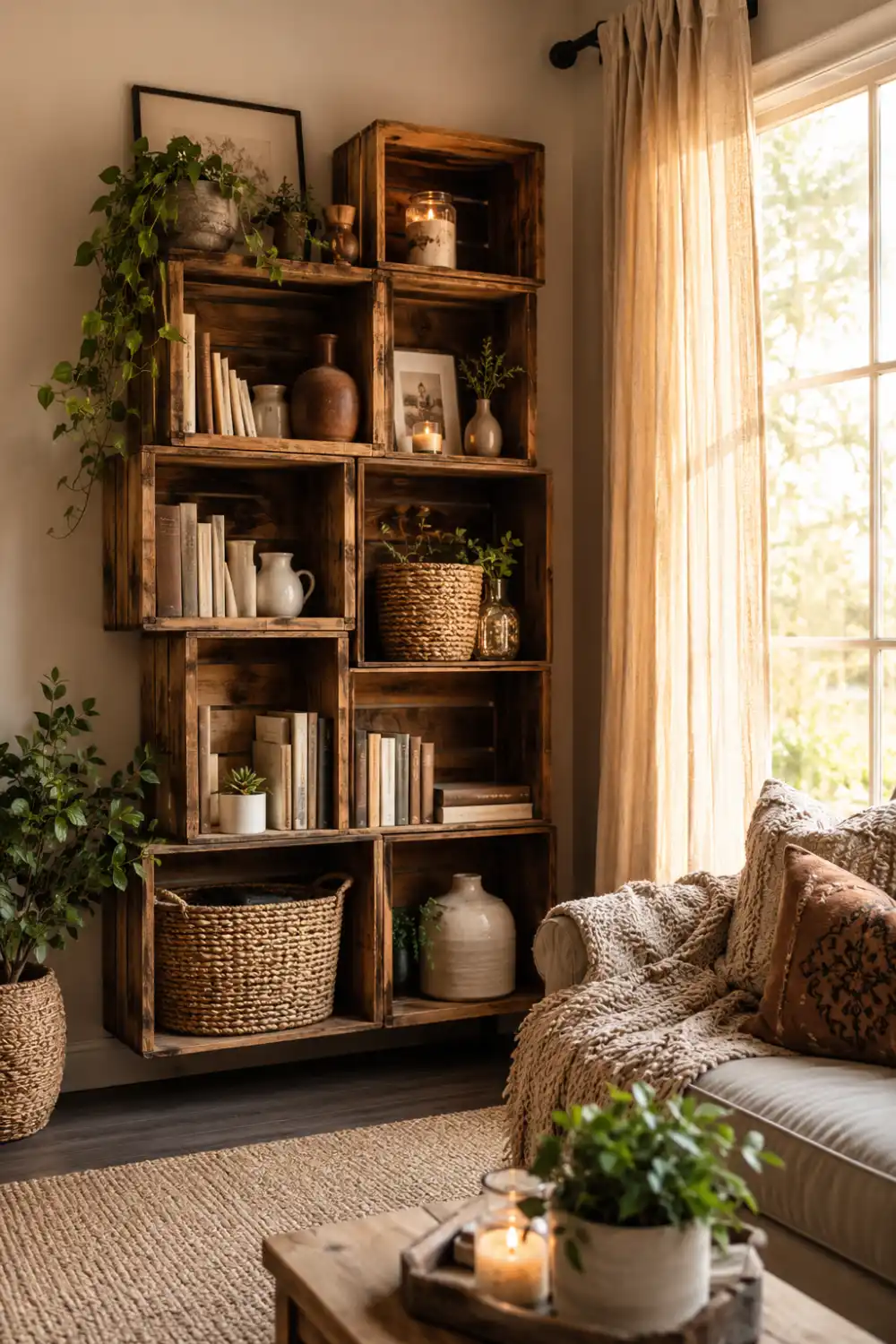 Rustic wooden crate shelving styled with woven baskets, candles, books, ceramic vases, hanging greenery, and cozy neutral living room decor beside a bright sunlit window with warm farmhouse interior styling.