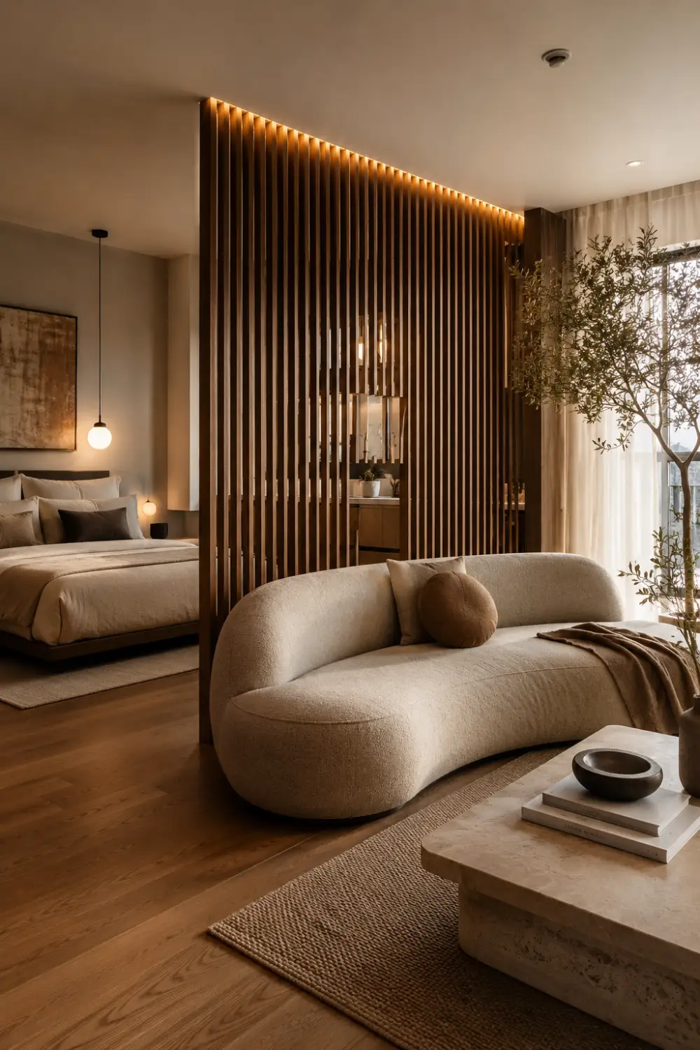 Luxury studio apartment bedroom separated with modern walnut wood slat divider, warm ambient LED lighting, curved cream sofa, neutral decor palette, and cozy boutique-style small apartment interior design.