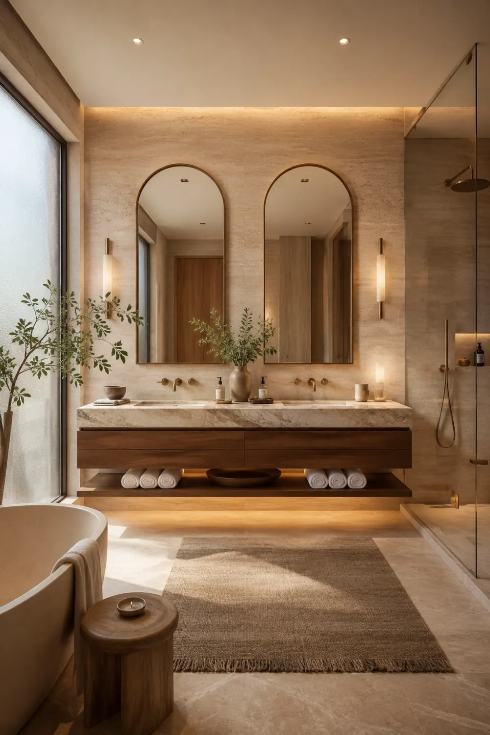 Double arched bathroom mirrors above a floating wooden vanity in a luxury spa-inspired bathroom with warm ambient lighting, beige travertine walls, marble countertop, glass shower enclosure, rolled towels, and elegant modern neutral decor styling.
