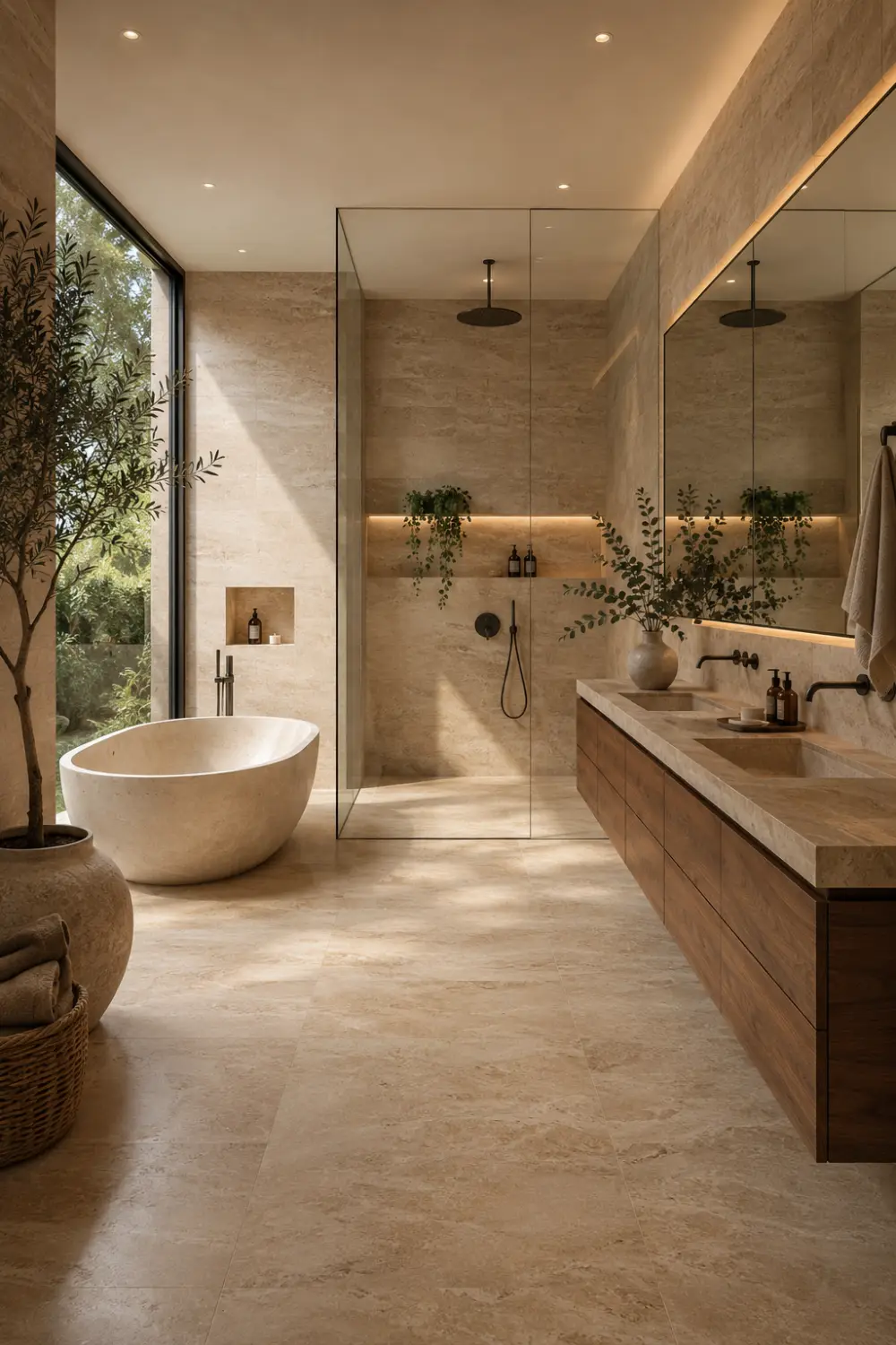 Organic modern bathroom with warm wood vanity, beige travertine walls, frameless glass shower, freestanding white soaking tub, oversized mirror, soft hidden lighting, and natural greenery creating a cozy spa-like earthy bathroom atmosphere.