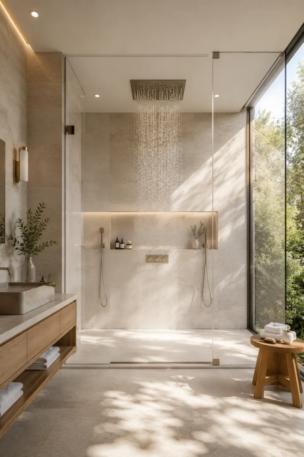 Bright frameless glass rain shower with beige stone walls, large modern windows, soft natural sunlight, floating wood vanity, and luxury spa-inspired bathroom decor.