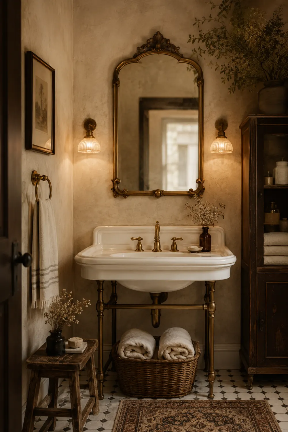 Elegant vintage bathroom sink area with antique brass fixtures, warm wall sconces, ornate mirror, textured walls, woven baskets, rustic decor, and cozy old-fashioned lighting.