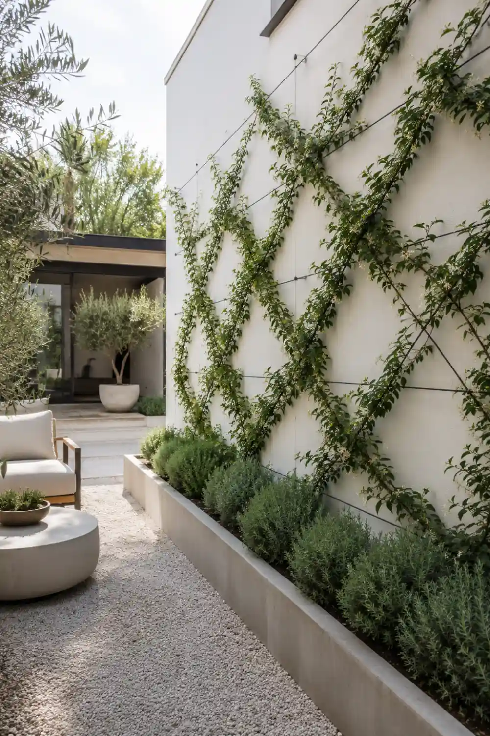 Minimal modern wire wall trellis with climbing green vines attached to a sleek white exterior wall beside a luxury contemporary backyard patio with gravel landscaping and soft natural sunlight.